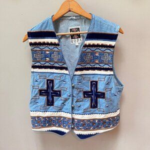 Vintage Hairston & Roberson Ropa Denim Vest L Western Style Embroidered 100% Cot